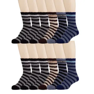 12 Pairs of Fuzzy Fluffy Slipper Winter Socks, Assorted Striped, Size 9-11