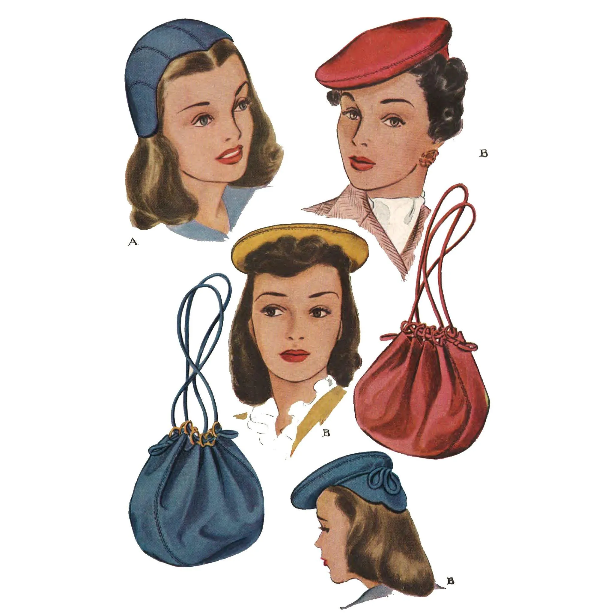 1940s/1950s Pattern, Hats & Drawstring Bag - Head 23" (58.4 cm)