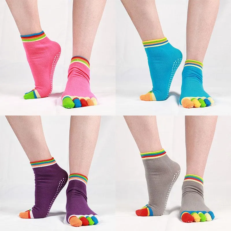 4 Pairs Women Antislip Ankle Grip Colorful 5 Toe Finger Cotton Yoga Socks