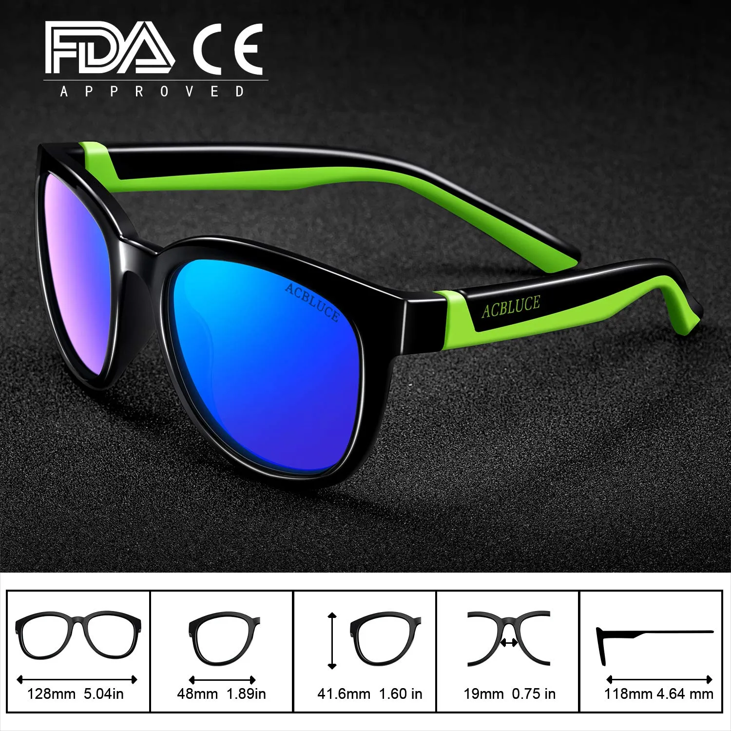 ACBLUCE Kids Polarized Sports Sunglasses TPEE Frame with Adjustable Strap for Boys Girls Age 6-12 A-bright Black/Green Frame|green Revo Lense