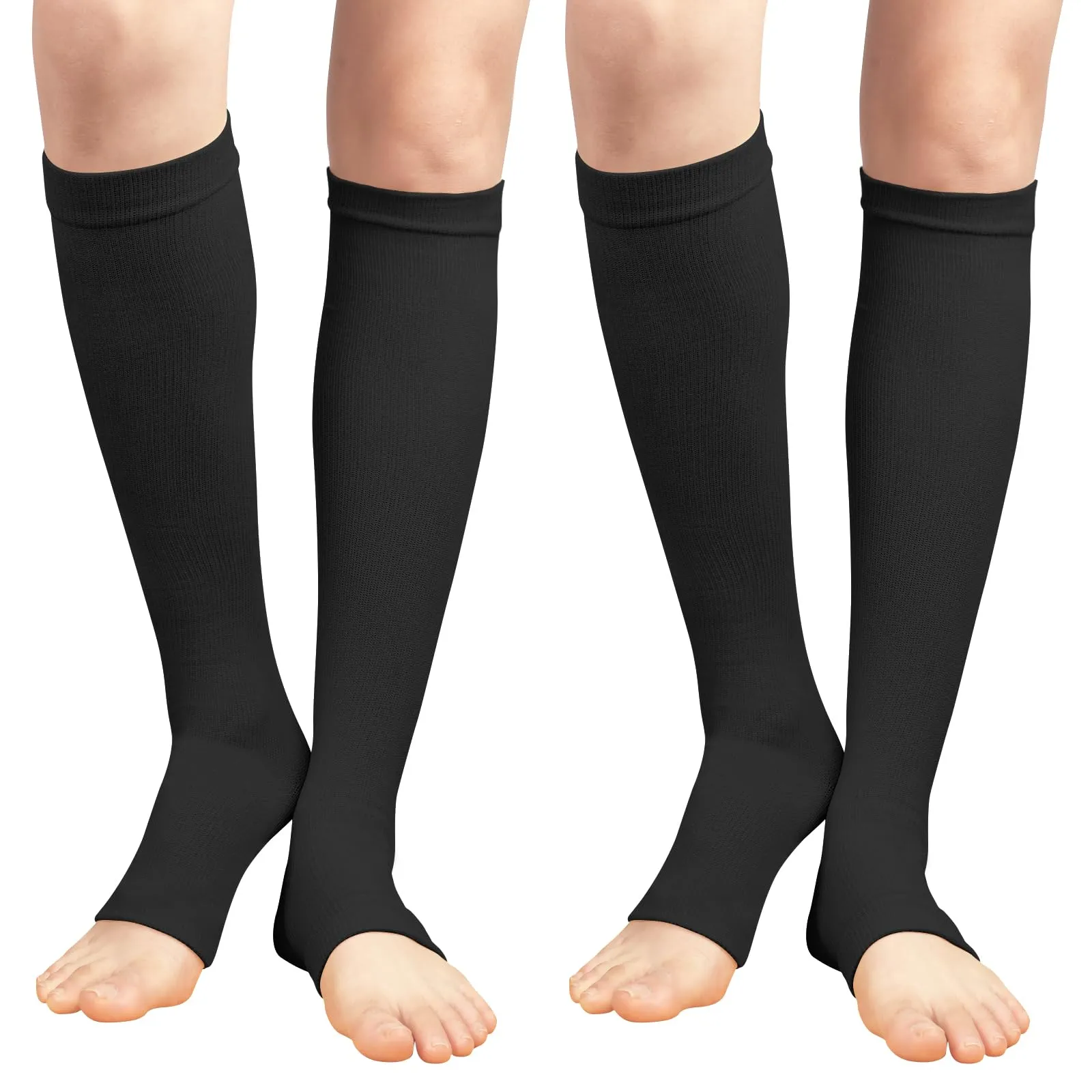 ACWOO compression stockings for women and men, 2 pairs of support stockings, medical compression socks with 15-20 mmhg thrombosis stockings, open toe compression socks for running, sports, flights, cycling (black) 2 pairs - one size black