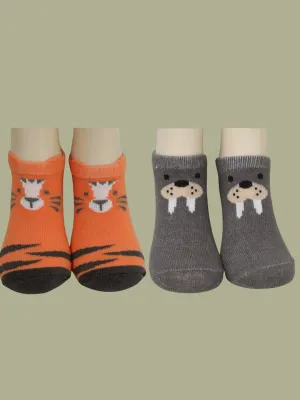 Adorable Tiger and Charming Walrus Combo Socks For Boys- Grey & Orange