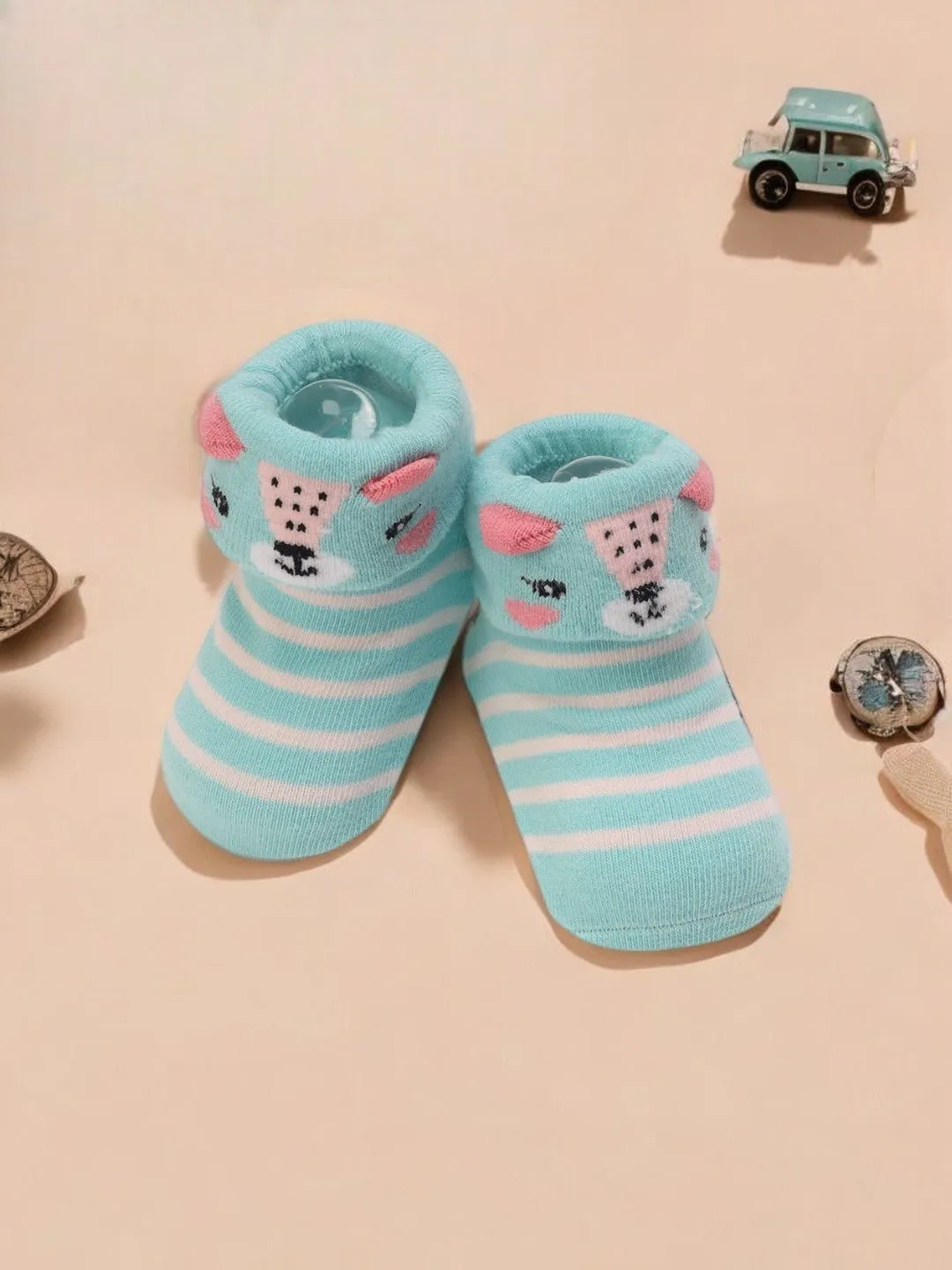 Aqua Striped Baby Booties with 3D Bear Face – Soft and Adorable Design