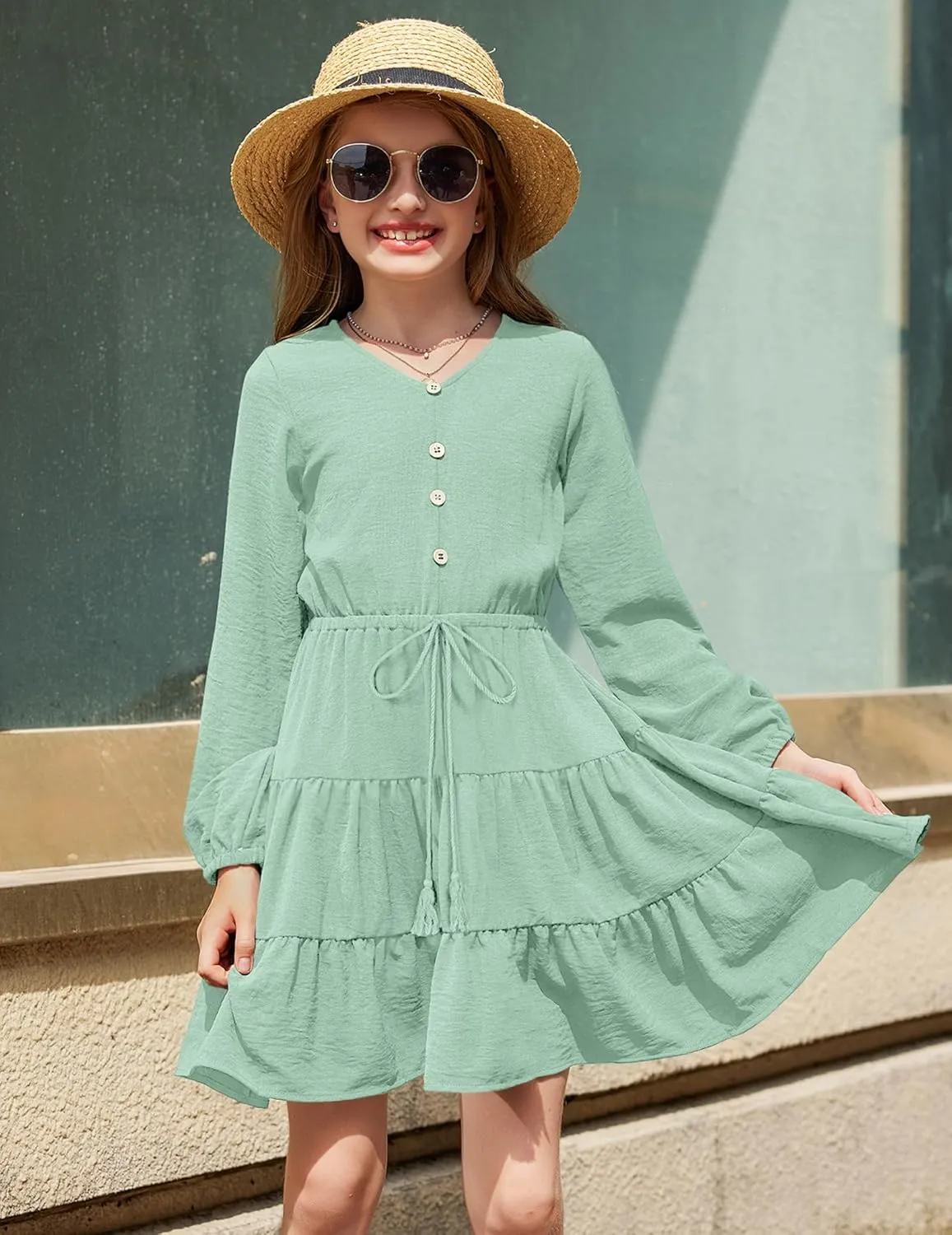 Arshiner Tween Girls Dresses Long Sleeve Waist Tie Ruffle Tiered Swing Dress
