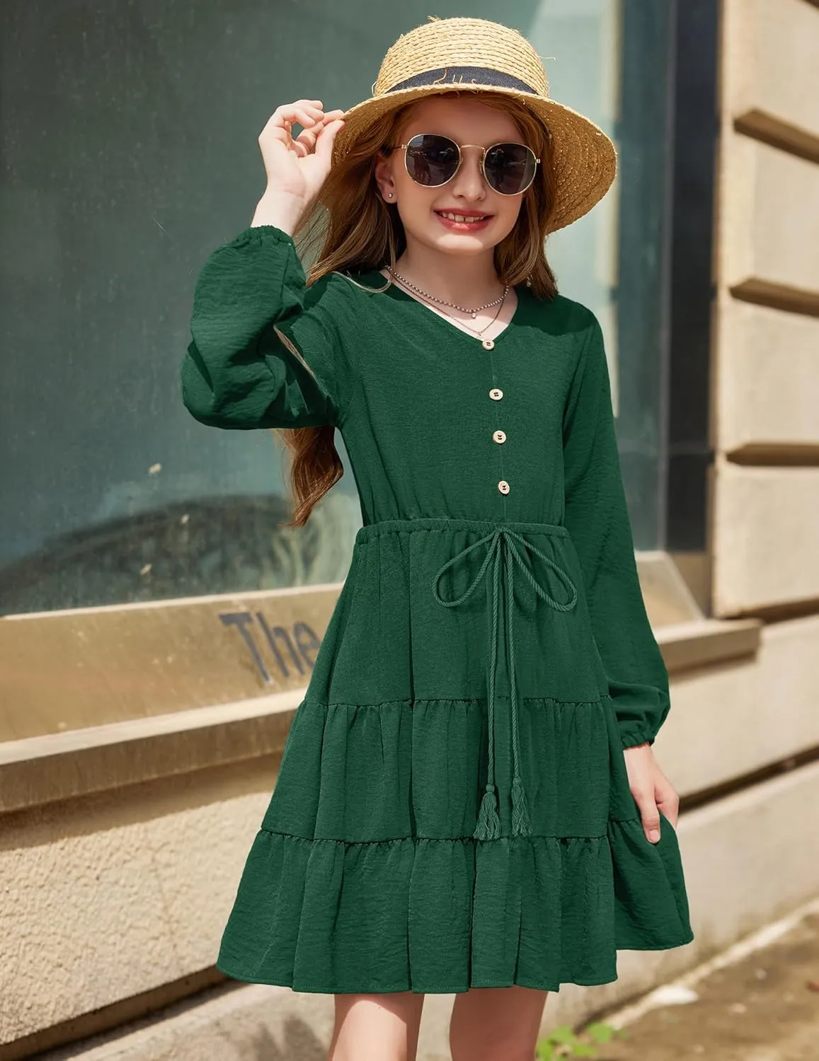 Arshiner Tween Girls Dresses Long Sleeve Waist Tie Ruffle Tiered Swing Dress