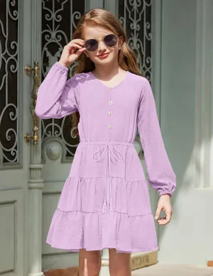 Arshiner Tween Girls Dresses Long Sleeve Waist Tie Ruffle Tiered Swing Dress