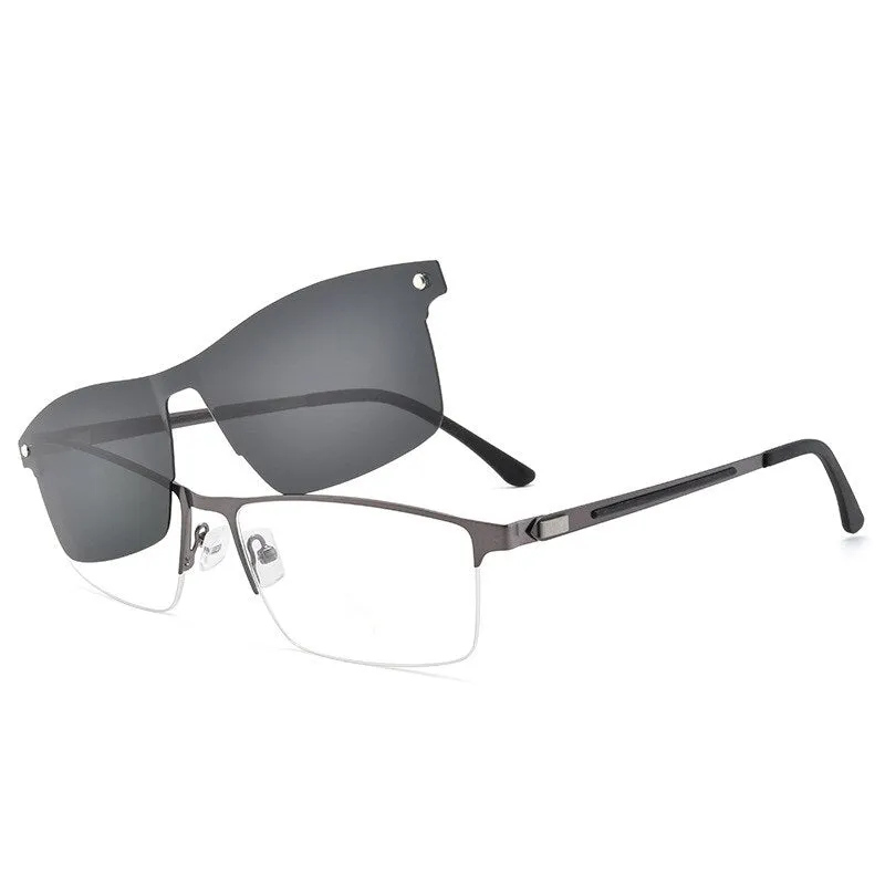 Bclear Men's Semi Rim Alloy Eyeglasses Clip On Polarized Sunglasses Zt94007