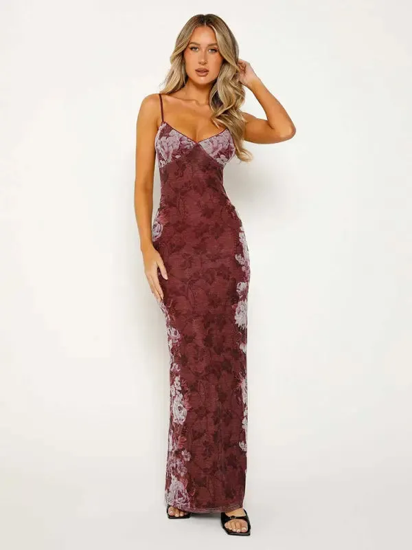 Blue Zone Planet |  Ella's Floral Print Spaghetti Strap Maxi Party Dress