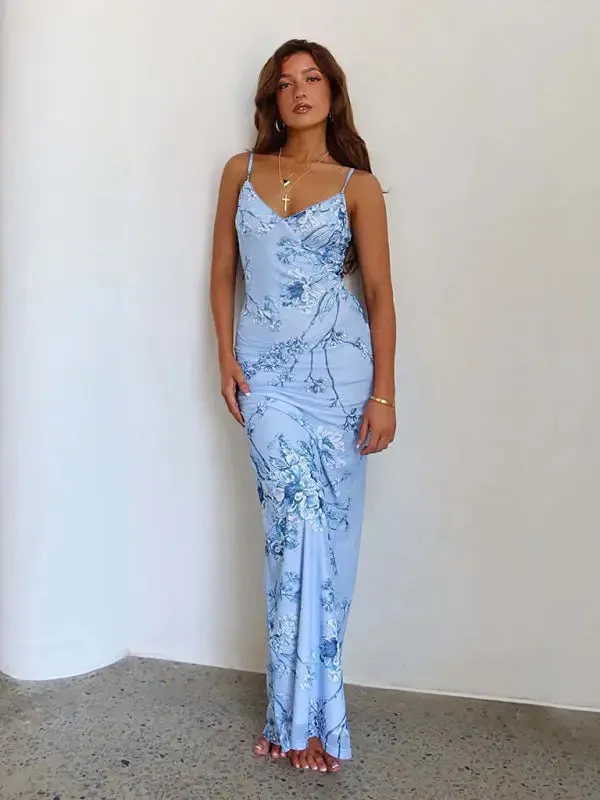 Blue Zone Planet |  Ella's Floral Print Spaghetti Strap Maxi Party Dress