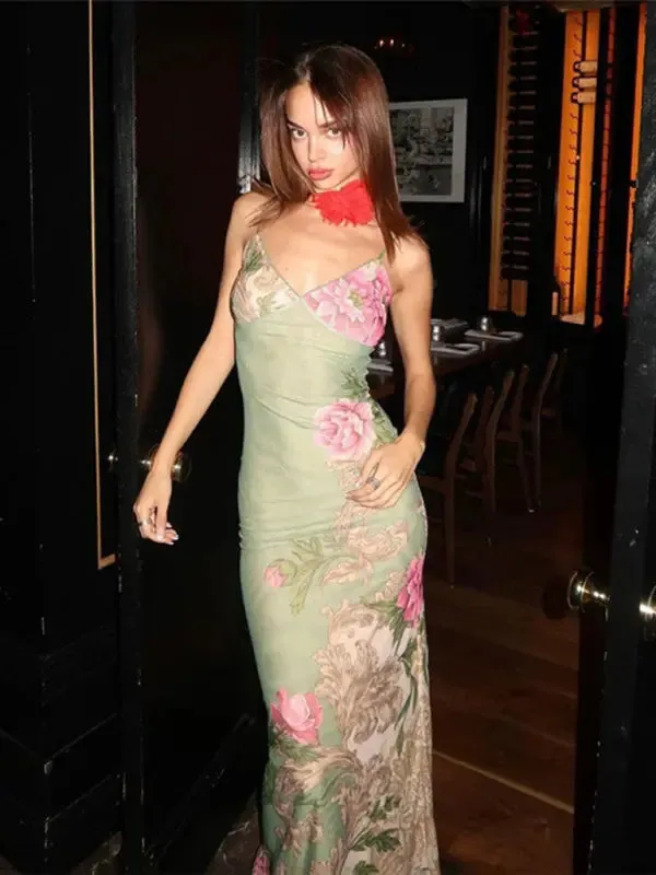 Blue Zone Planet |  Ella's Floral Print Spaghetti Strap Maxi Party Dress