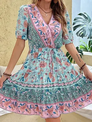 Blue Zone Planet |  Mia's V-Neck Floral A-Line Bohemian Ethnic Print Mini Dress
