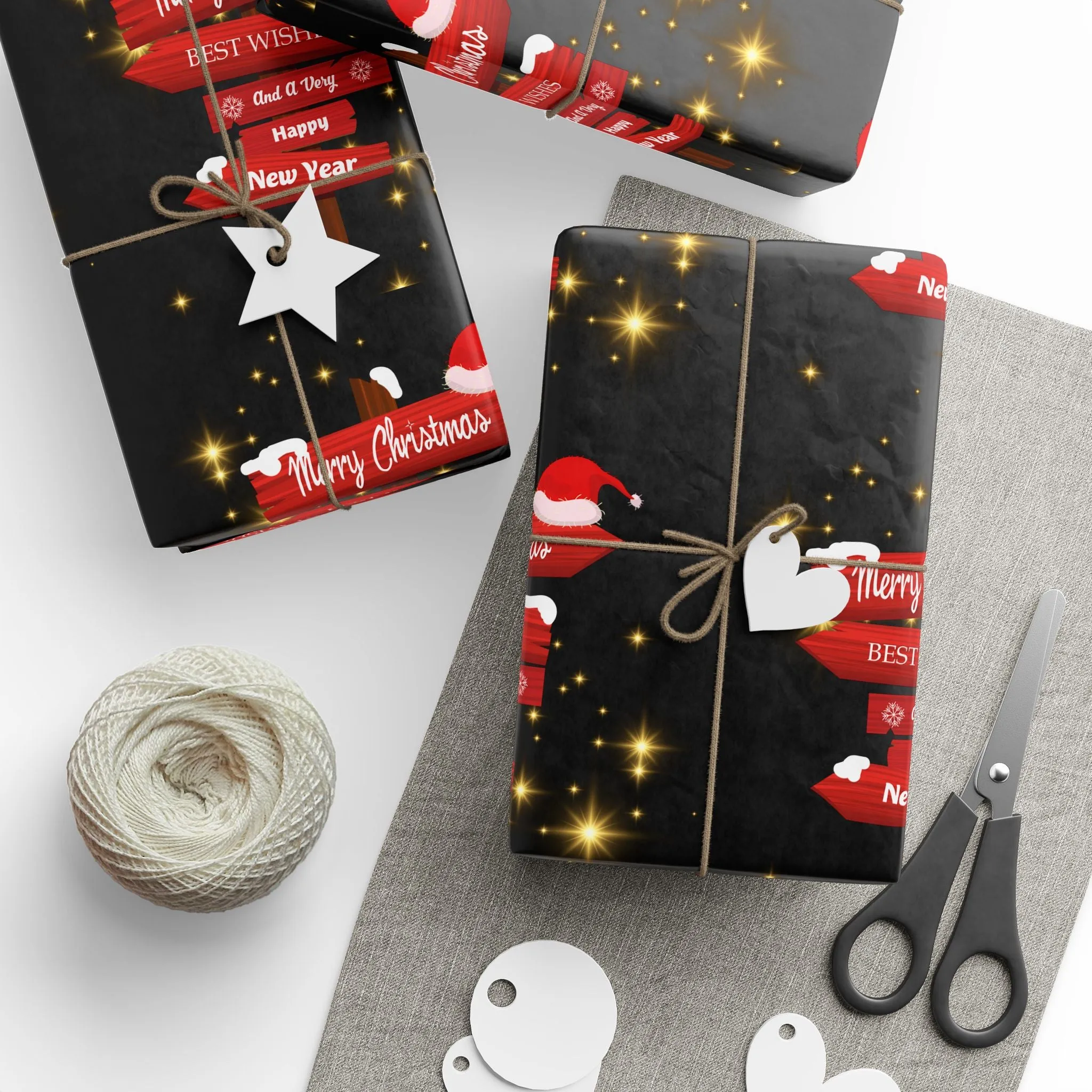 Bold Santa Sign Christmas Wrapping Paper : Black Holiday Gift Wrap with Festive Twinkling Stars and Merry Christmas Messages