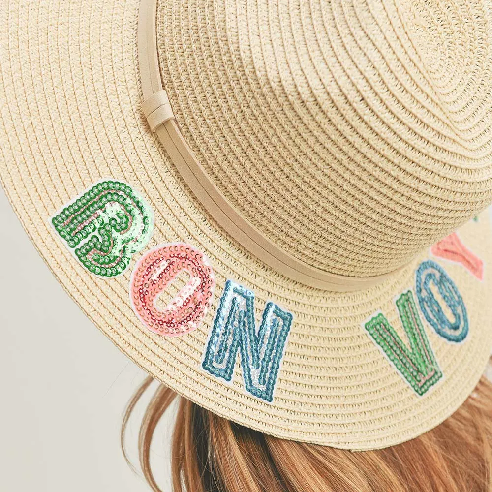 Bon Voyage Sequin Message Straw Panama Sun Hat