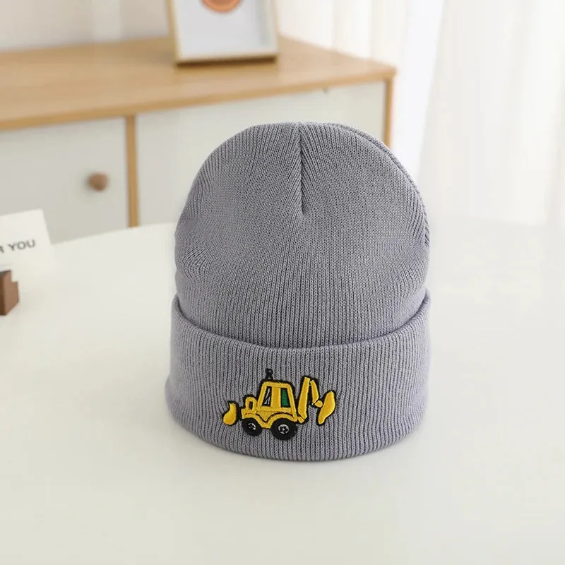 Casual Knitted Cartoon Excavator Embroidered Kids Caps