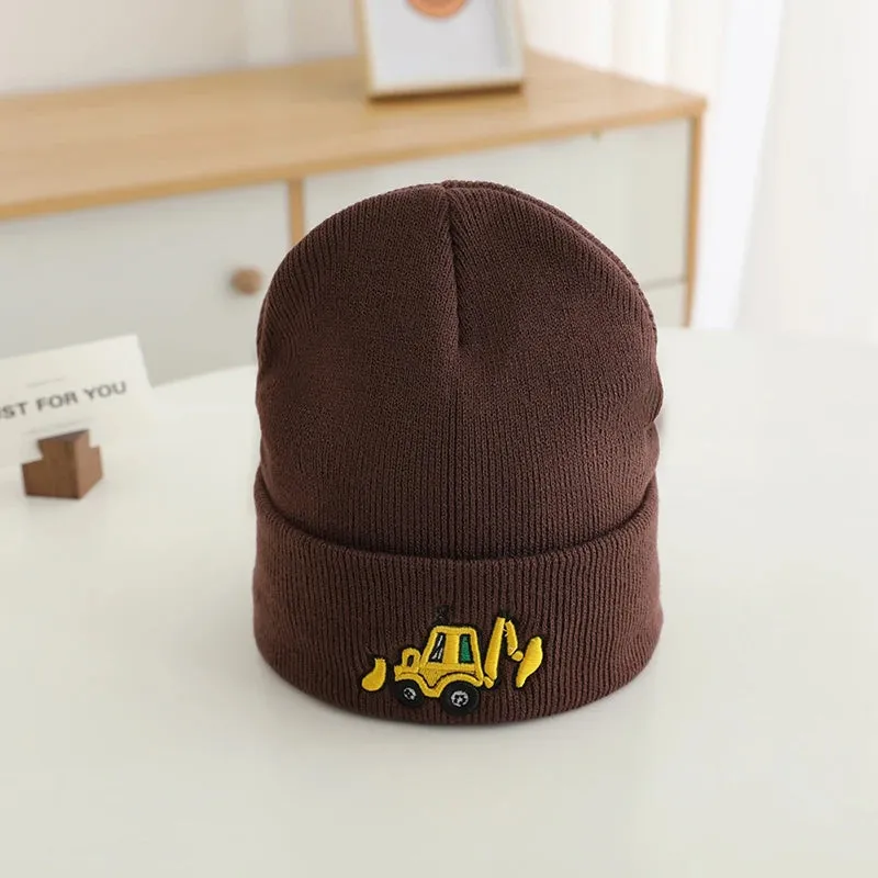 Casual Knitted Cartoon Excavator Embroidered Kids Caps