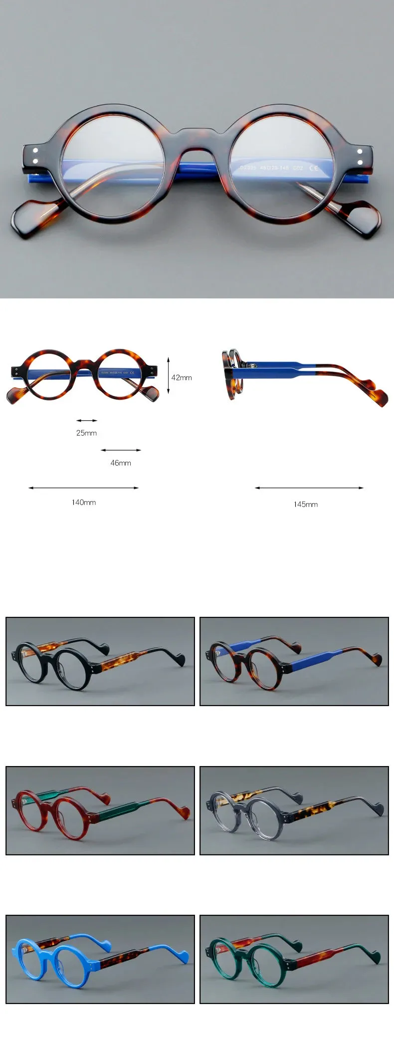 CCspace Unisex Full Rim Round Acetate Eyeglasses 57257