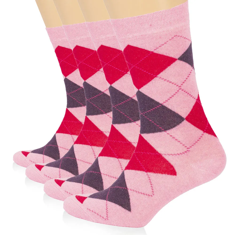 Colorful Cotton Dress Crew Argyle Socks for Women, 4 Pairs