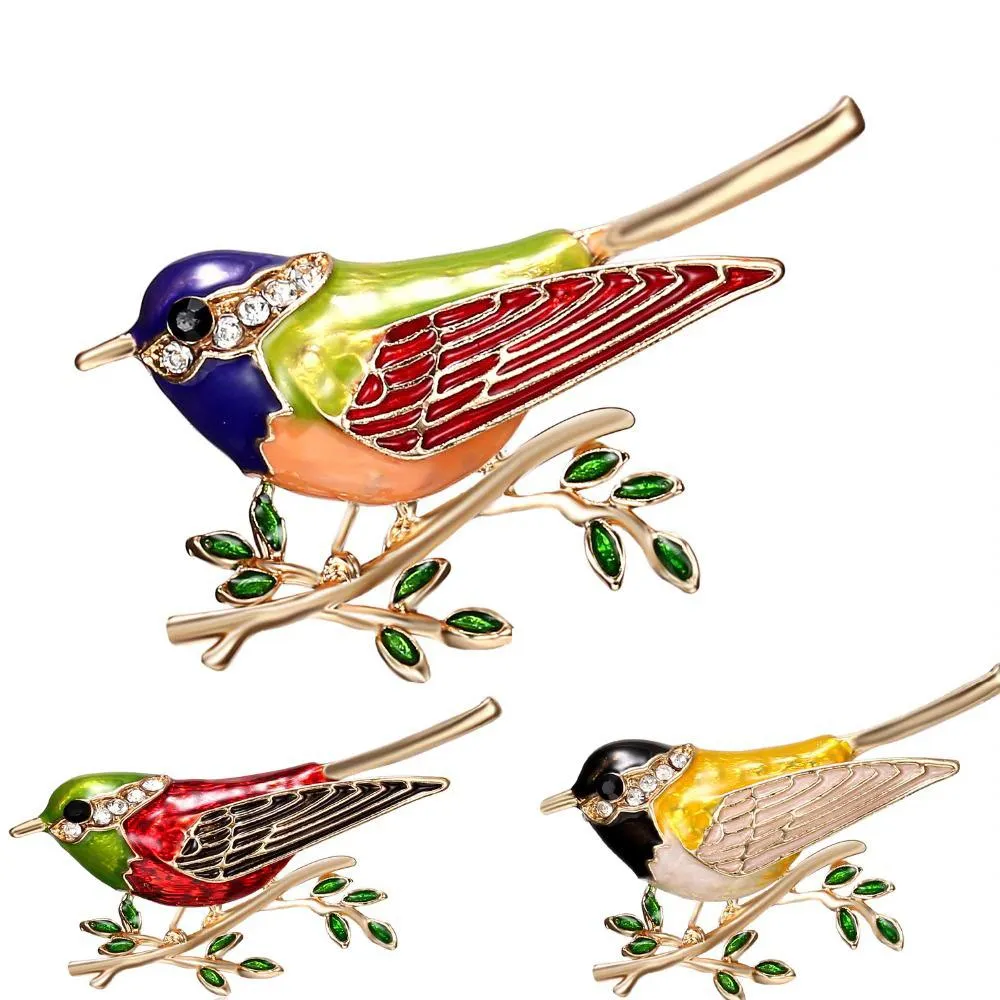 Colorful Enamel Bird With Rhinestone Leaves Brooch Pins