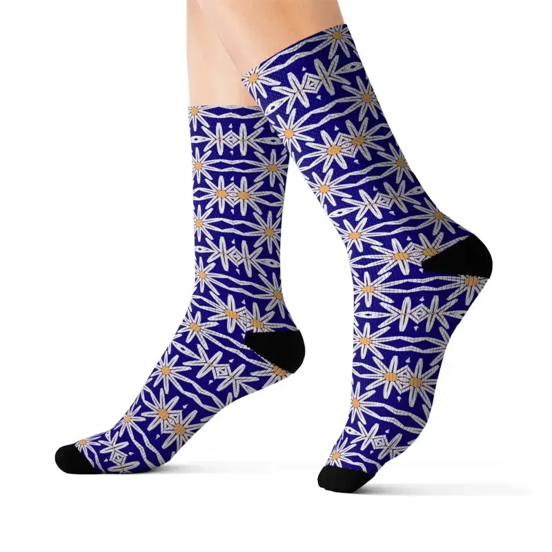 Electric Blue Sublimation Socks with White Flowers