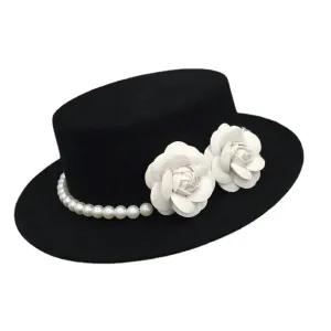 Elegant Retro with Pearls and Floral Detail Big Brim Top Fedora Hat