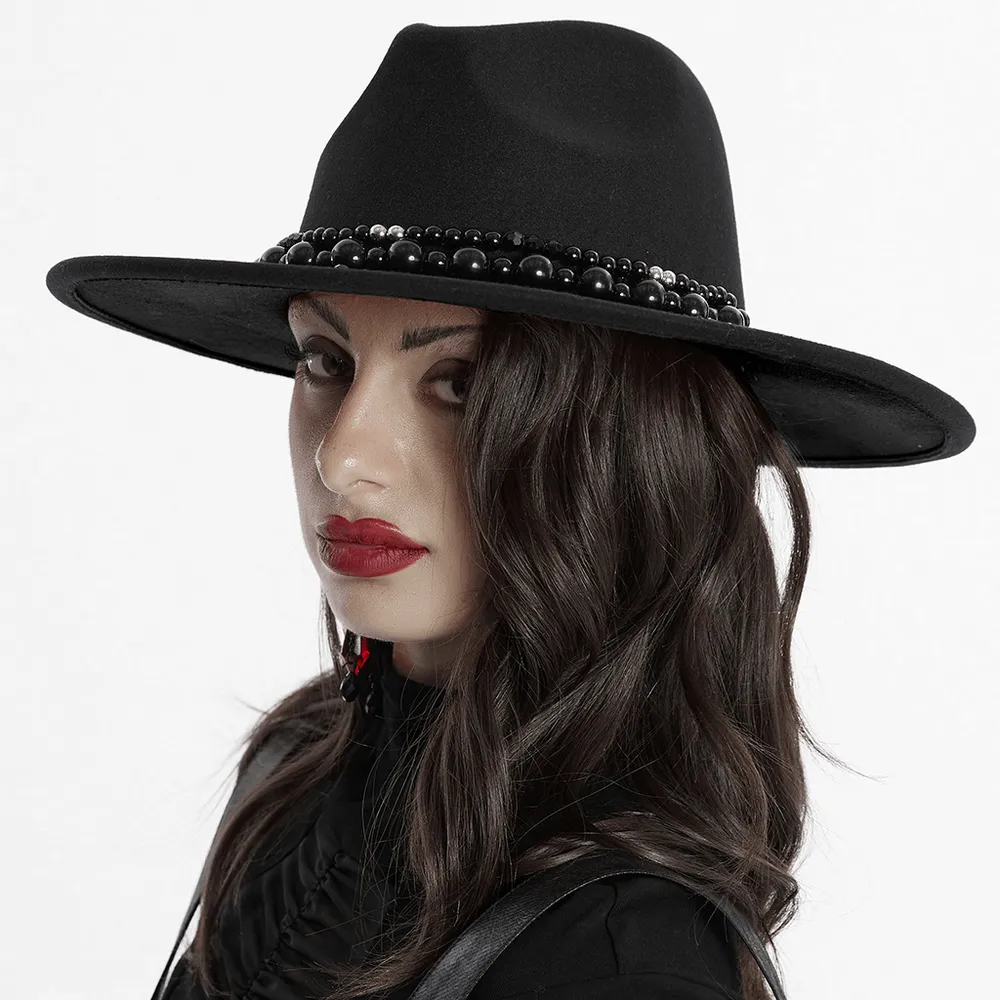 Elegant Suede Wide Brim Hat with Gothic Pearl Accents