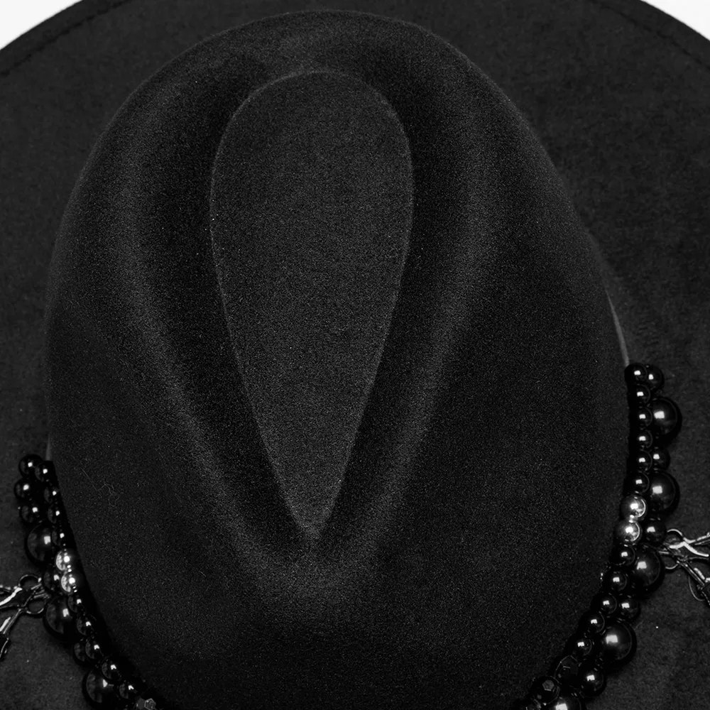 Elegant Suede Wide Brim Hat with Gothic Pearl Accents