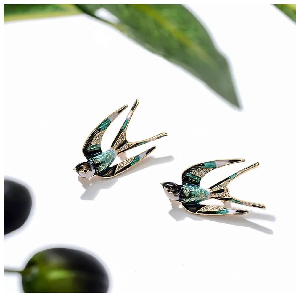 Elegant Swallow Enamel Bird Brooch Pins With Rhinestone