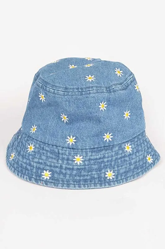 Flower Embroidered Denim Bucket Hat