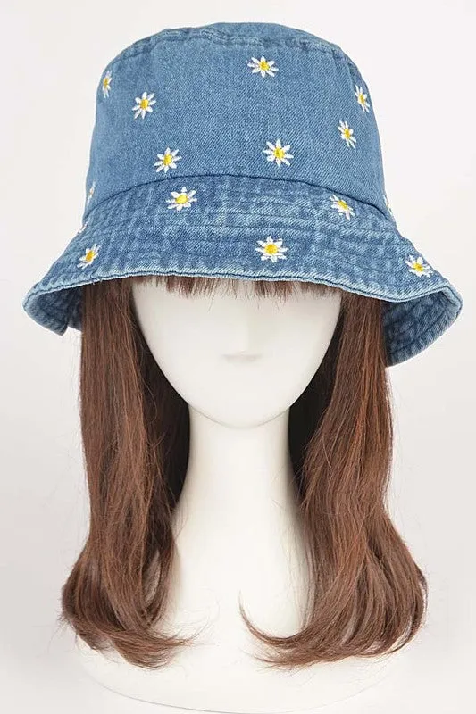 Flower Embroidered Denim Bucket Hat