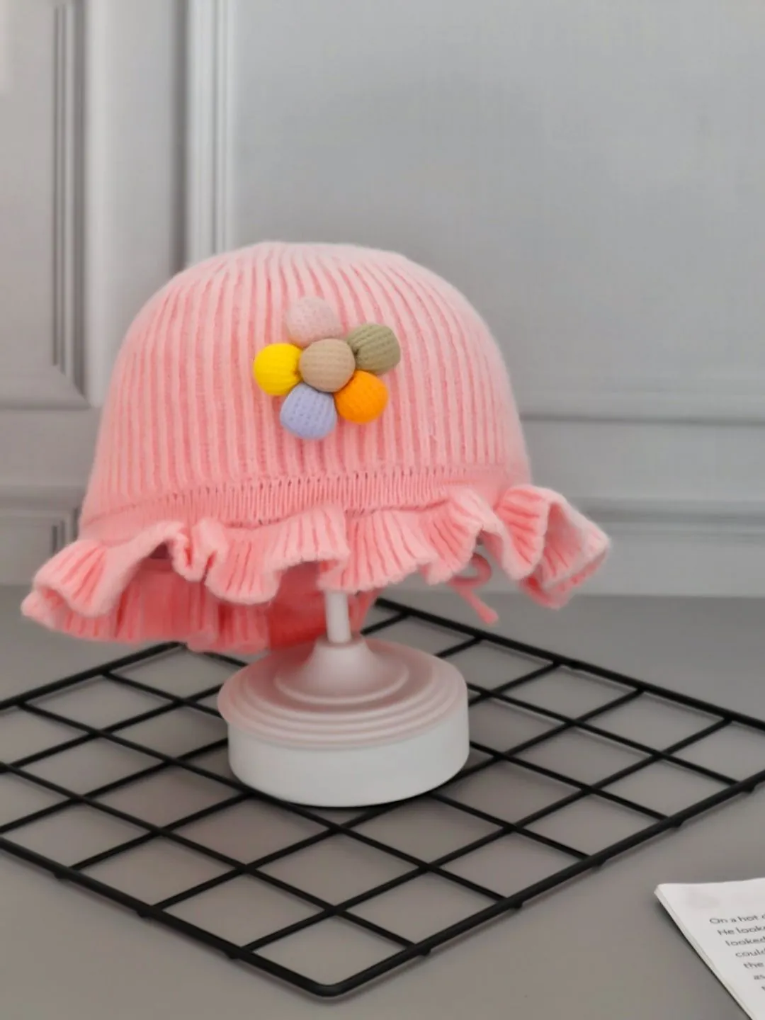 Girls' Pink Knitted Hat with Colorful Flower - Cute Winter Accessory