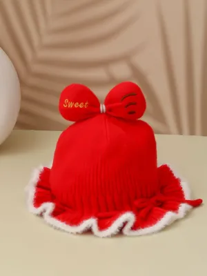 Girls' Red Knitted Cloche Hat with Bow - Cute & Cozy Winter Wear