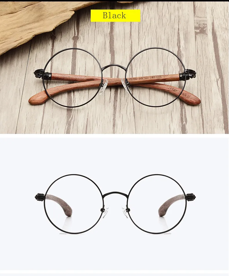 Hdcrafter Unisex Full Rim Round Wood Alloy Screwless Frame Eyeglasses 7573