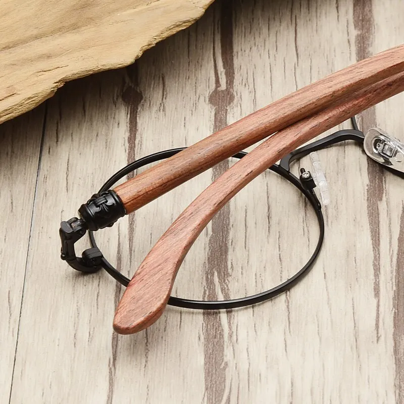 Hdcrafter Unisex Full Rim Round Wood Alloy Screwless Frame Eyeglasses 7573