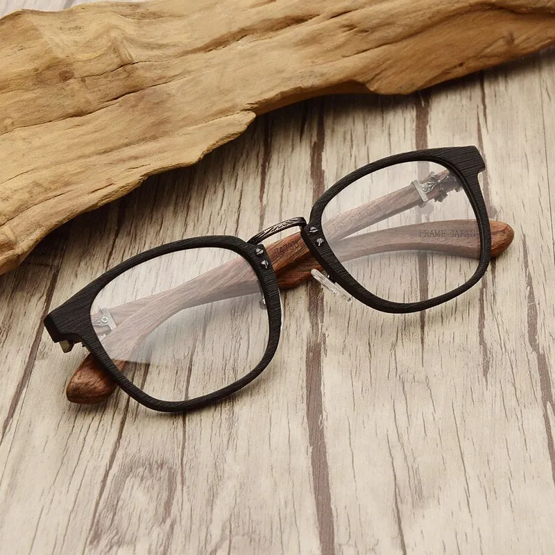 Hdcrafter Unisex Full Rim Round Wood Temple Eyeglasses 7473d