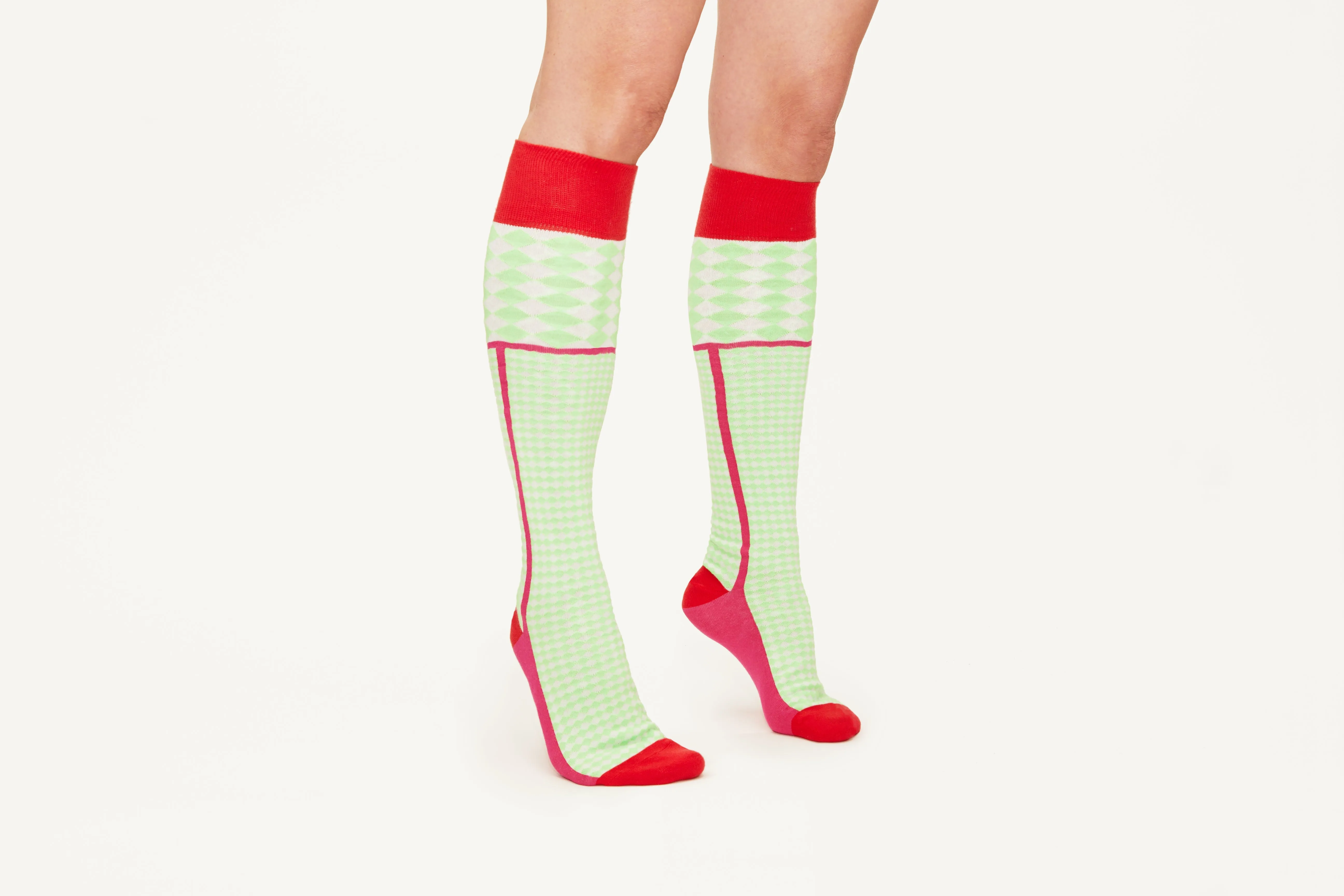 MEGAN - Cotton Blend Diamond Motif Knee Socks In Neon Green & Red