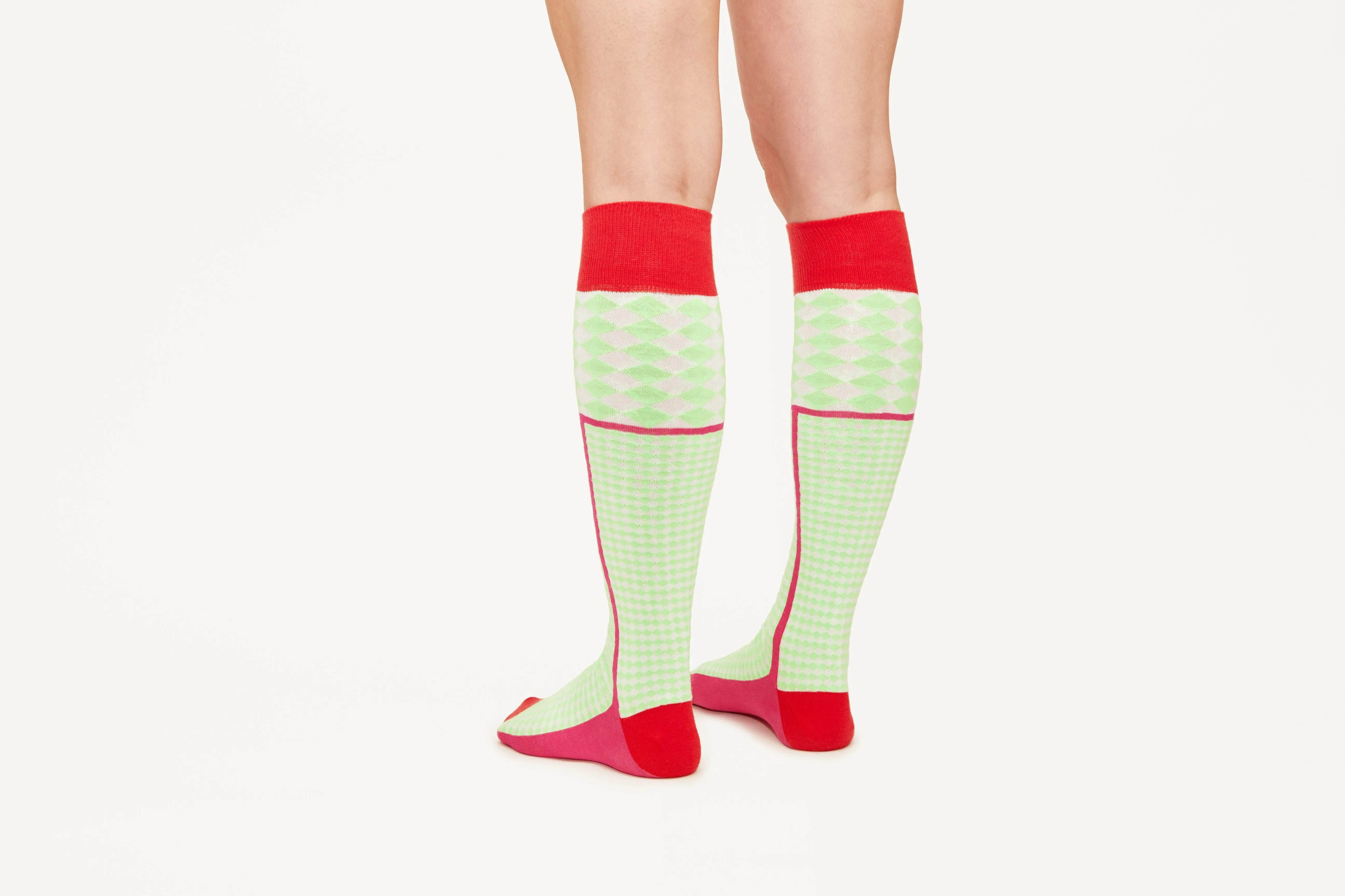 MEGAN - Cotton Blend Diamond Motif Knee Socks In Neon Green & Red