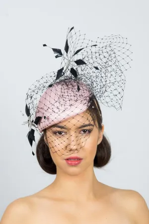 MIA: Side Pink Beret with Black Veiling and Flowers