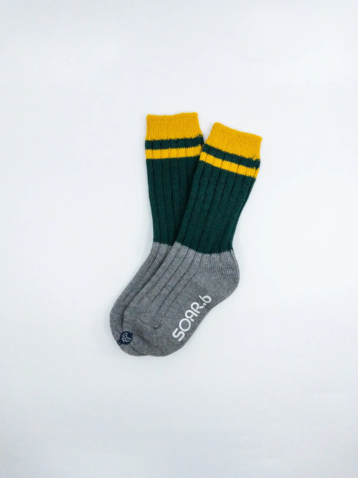 Modern Colorblock Socks | Green w/Mustard Stripes Charcoal feet | Kids Sizes 2-8Y
