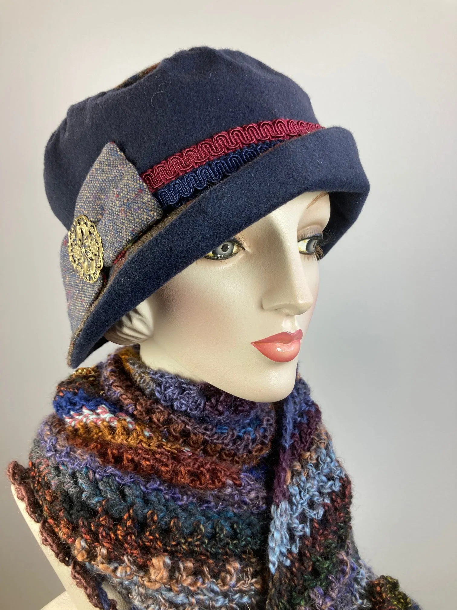 Navy, brown, burgundy cloche hat. Women's winter cloche. Ladies bucket hat. Small brim hat winter. Great Gatsby hat. Downton Abbey Hat.