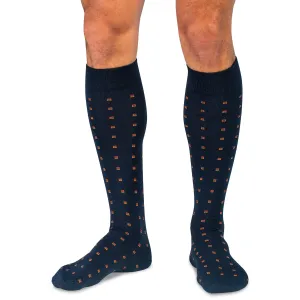 Orange Square Knots on Navy Merino Wool Over the Calf Dress Socks