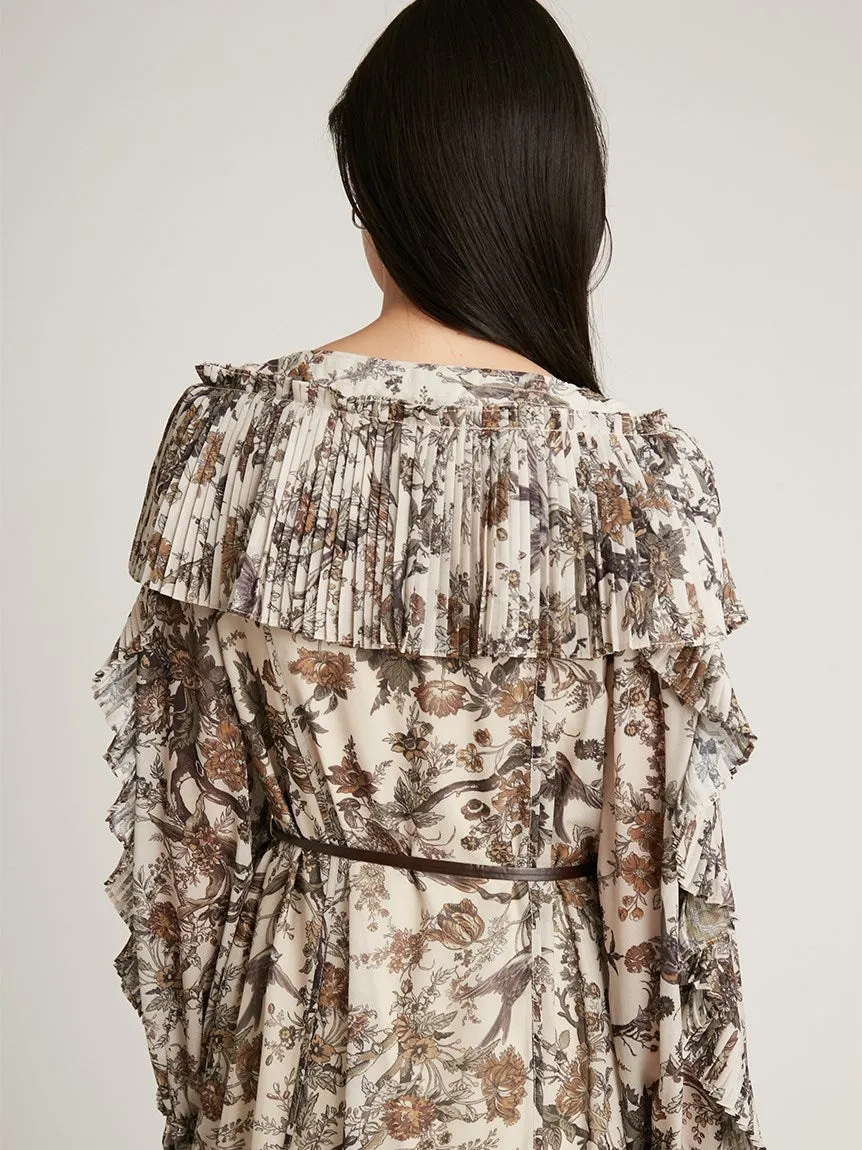 Pleated Frill Floral Maxi Dress with Belt