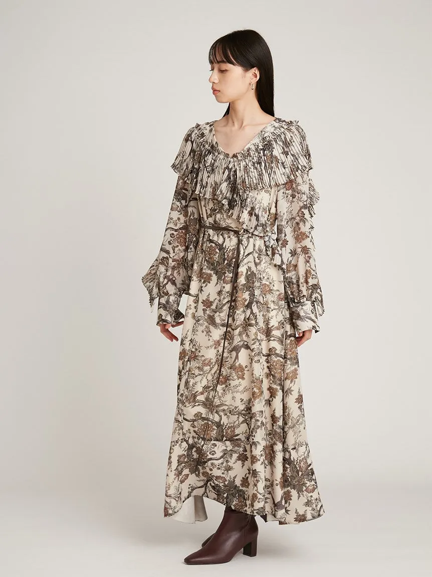 Pleated Frill Floral Maxi Dress with Belt