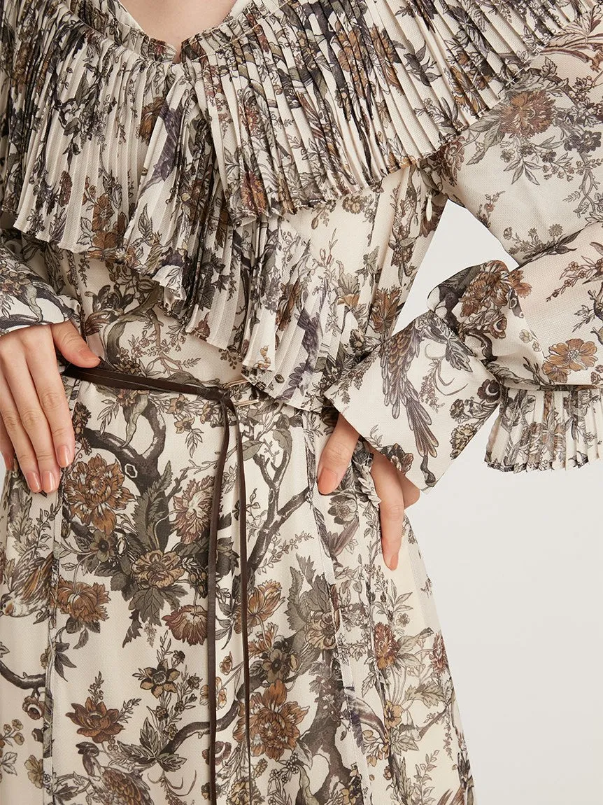 Pleated Frill Floral Maxi Dress with Belt