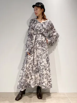 Pleated Frill Floral Maxi Dress with Belt