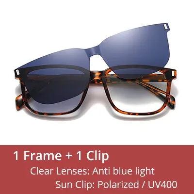 Ralferty Men's Full Rim Square Tr 90 Acetate Eyeglasses With Clip On Polarized Sunglasses D7201