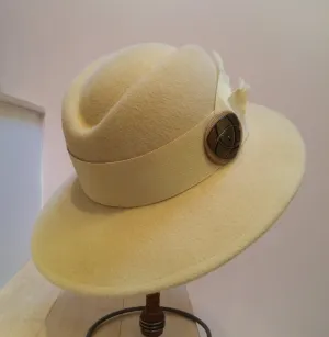 Soft Buttery Yellow Velour Wool Felt Hat with Grosgrain Ribbon and Vintage Wooden Button. Perfect Church Hat or your favorite 'go to' item.