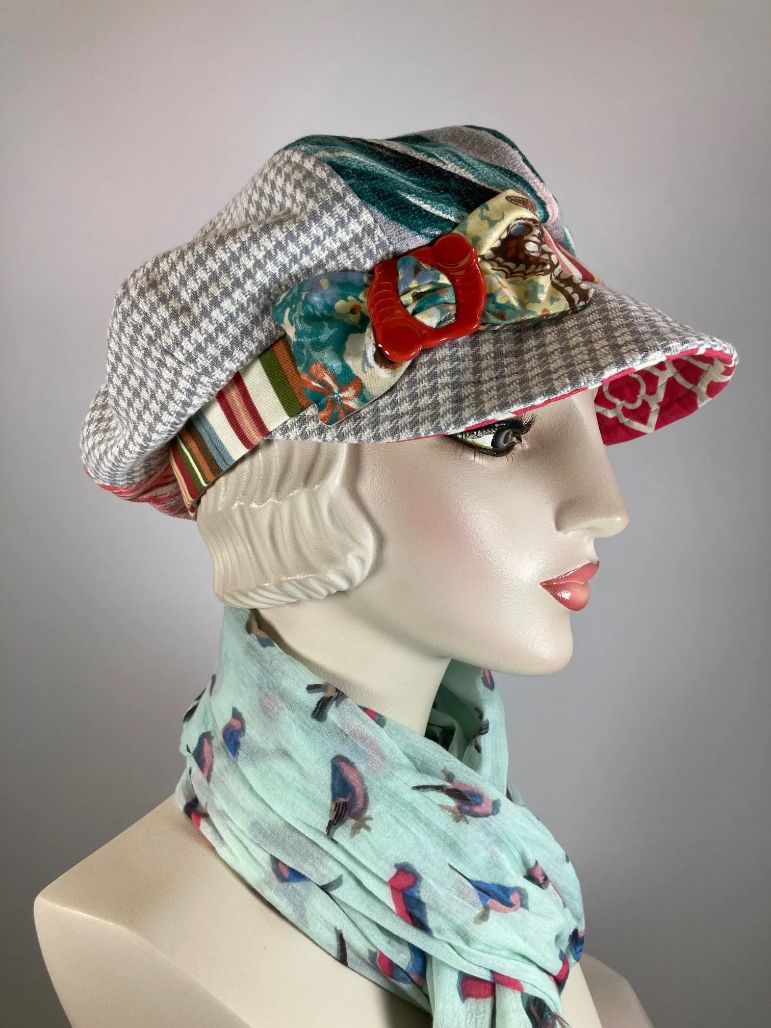 Stylish cotton fabric hat. Womens Vintage Fabric Newsboy Cap. Summer slow fashion hat. Designer Bark Cloth Baker Boy cap.
