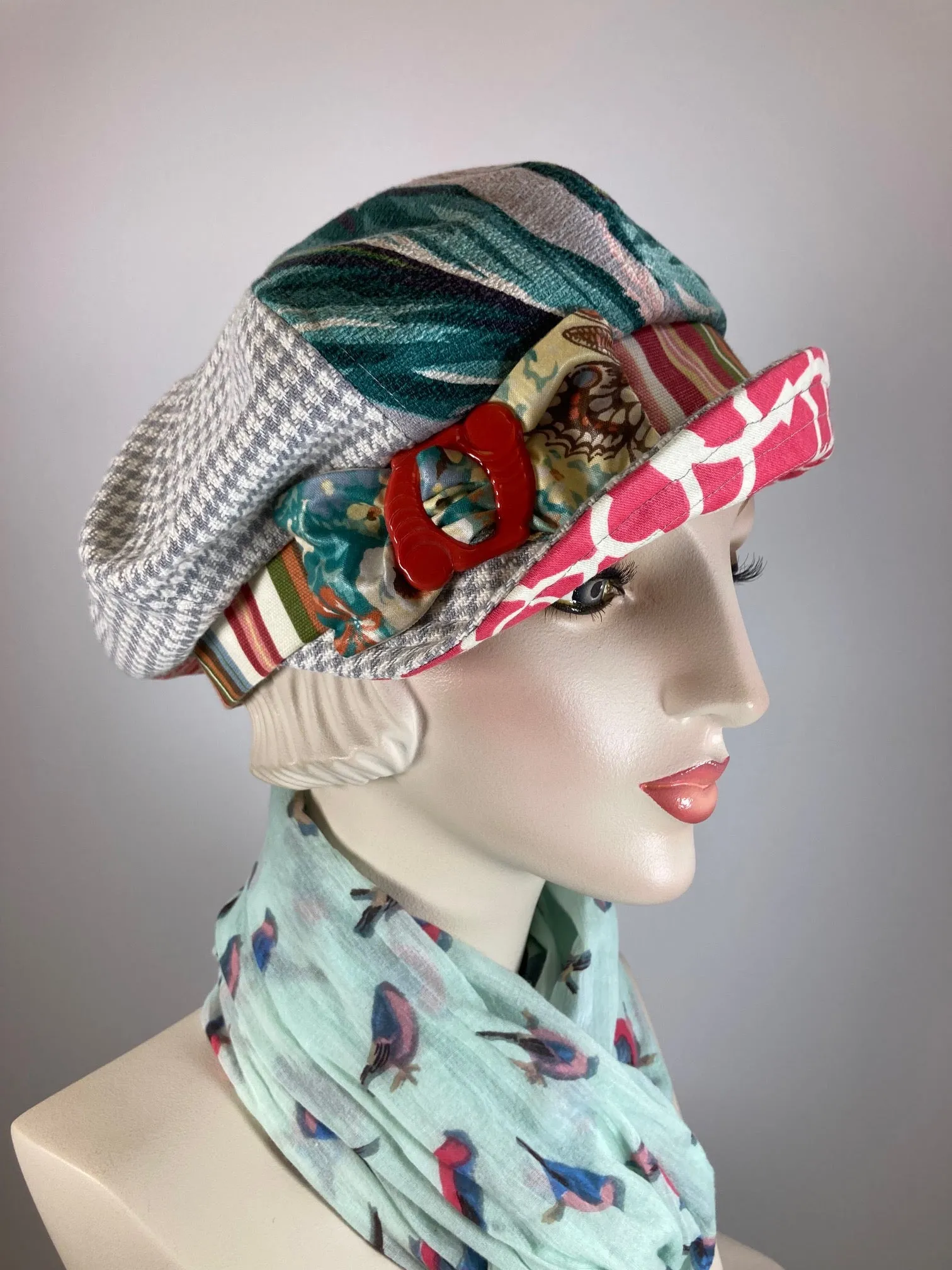 Stylish cotton fabric hat. Womens Vintage Fabric Newsboy Cap. Summer slow fashion hat. Designer Bark Cloth Baker Boy cap.