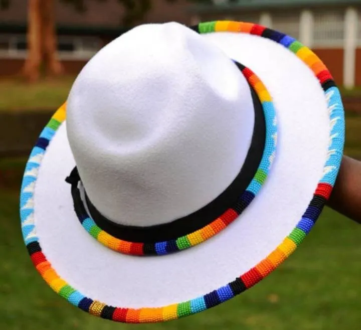 White fedora hat|cowboy hat|summer hats|brim hat in rainbow beaded colors masaai maasai Masai with free shipping world wide