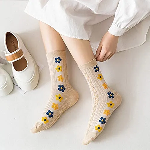 Womens Gils Novelty Funny Funky Crew Socks Colorful Crazy Cute Floral Animal Food Patterned Cotton Dress Socks Gifts，5 Pair Side Sunflower